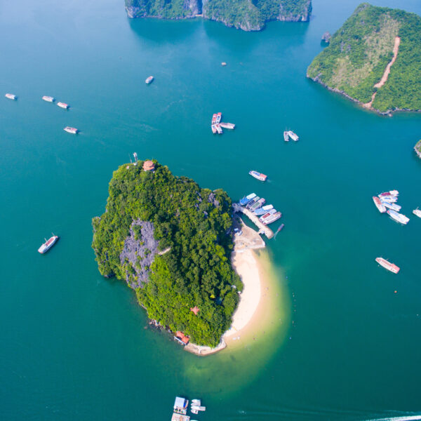 Tourists enjoying panoramic view of Ha Long Bay from Titop Island viewpoint