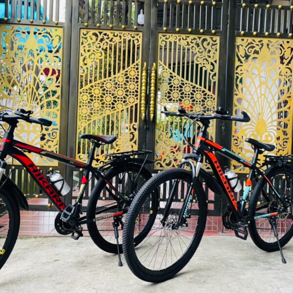 Travelers cycling through rice fields and rural villages in Ninh Binh