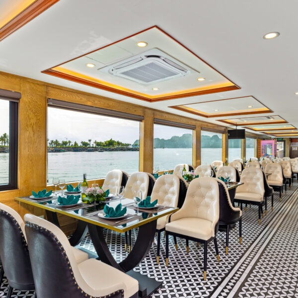 Luxury restaurant onboard Ha Long Bay cruise serving Vietnamese cuisine